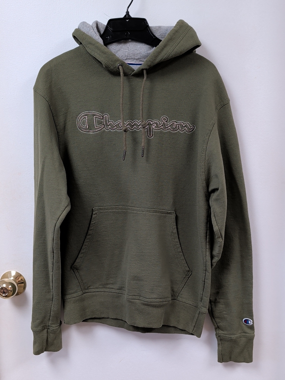 Champion Men's S Olive Green Hoodie with Light Pink Embroidered Logo